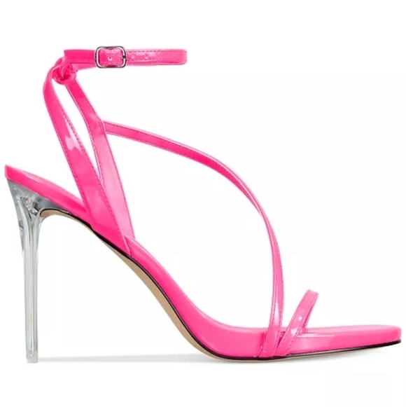 AAJ By Aminah Zayn Lucite Heel Asymmetrical Strap Dress Sandals - Neno Pink $150 - Picture 11 of 15